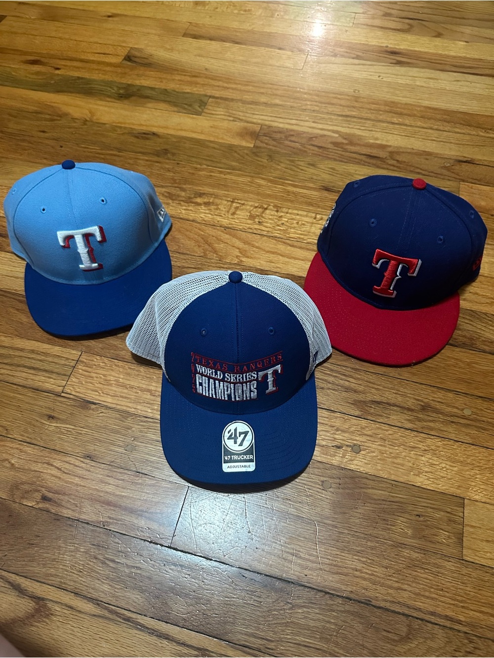 Lot of 3 Texas Rangers Hats New Era 59Fifty 47 MLB World Series Champions Blue